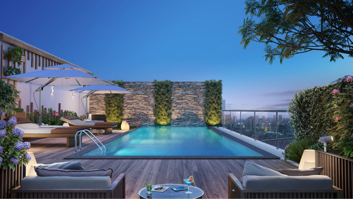 Open-to-sky swimming pool with poolside relaxation zone at Leo Eminence