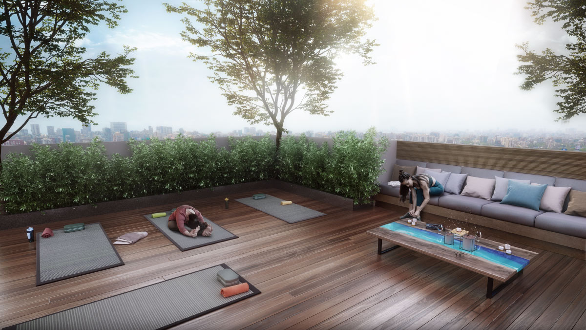 Exclusive rooftop lifestyle deck overlooking the skyline at Leo Eminence