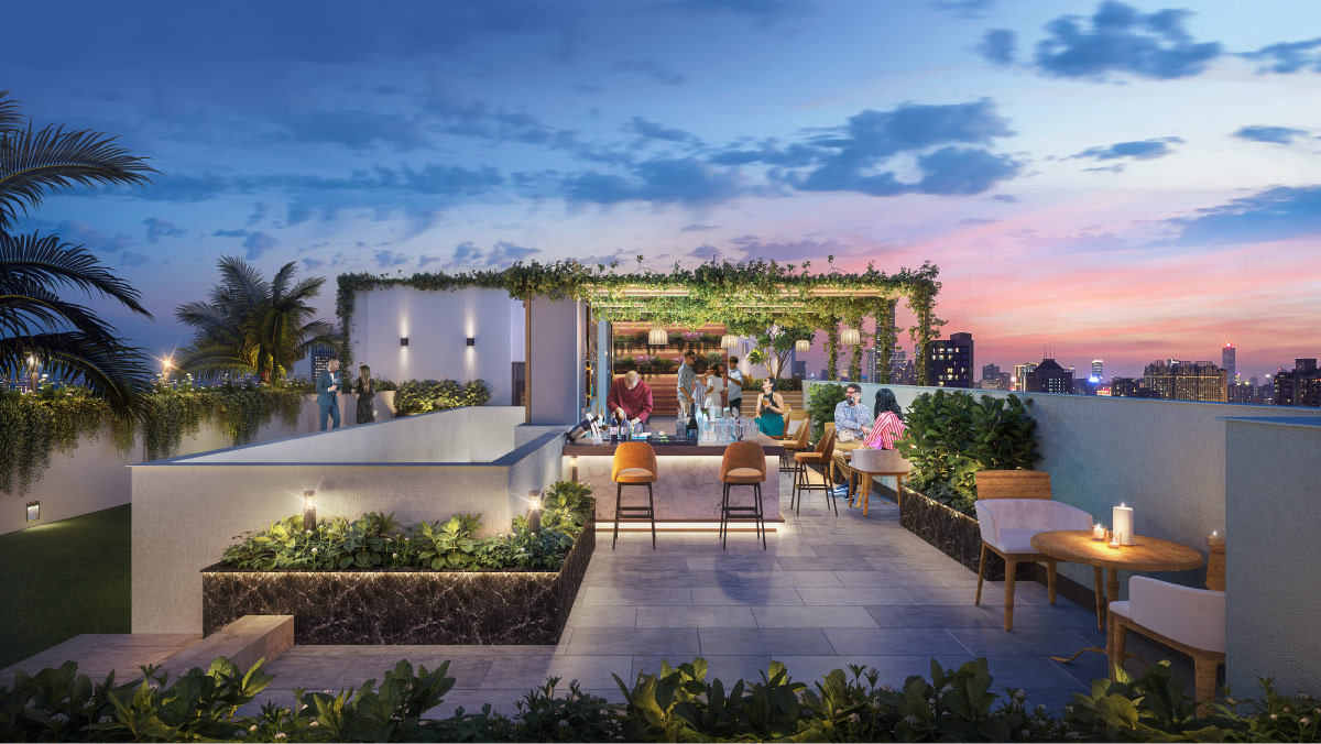 Open-to-sky rooftop party zone with alfresco seating at Leo Eminence