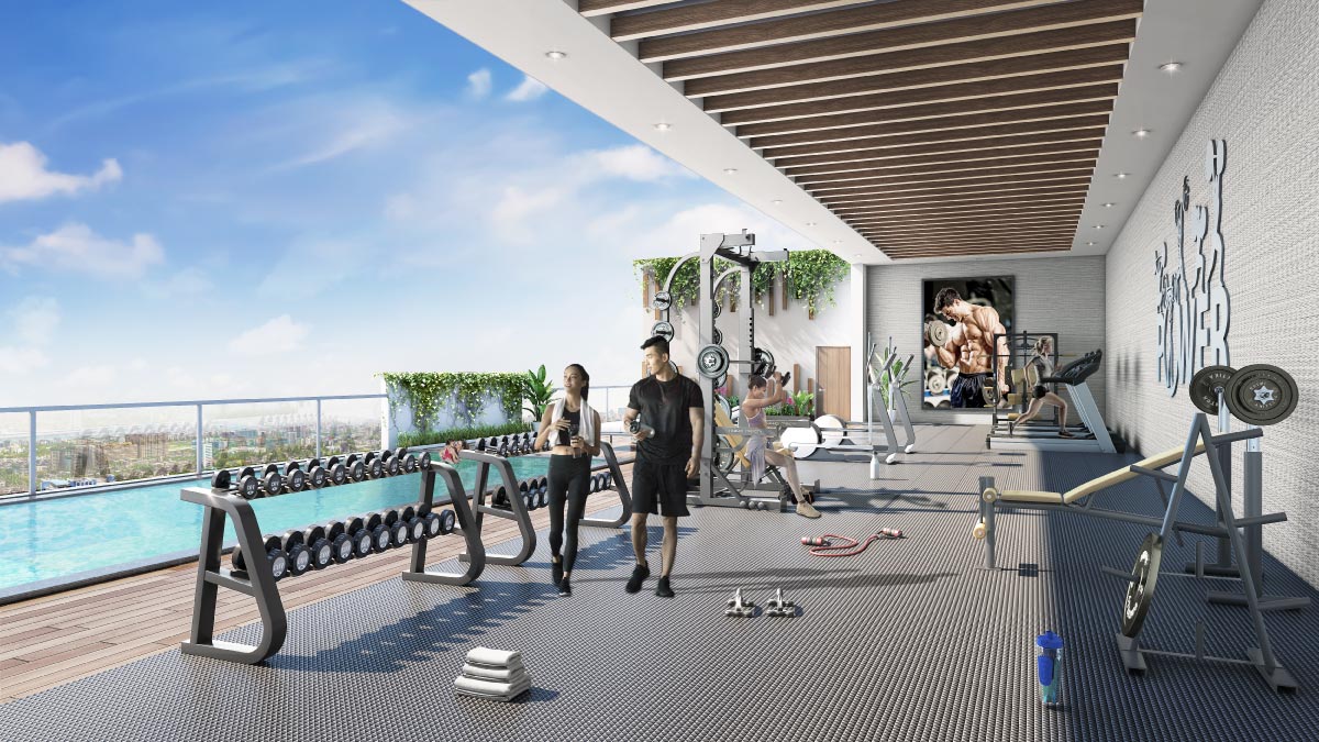 Fully equipped rooftop gymnasium with skyline views at Leo Eminence