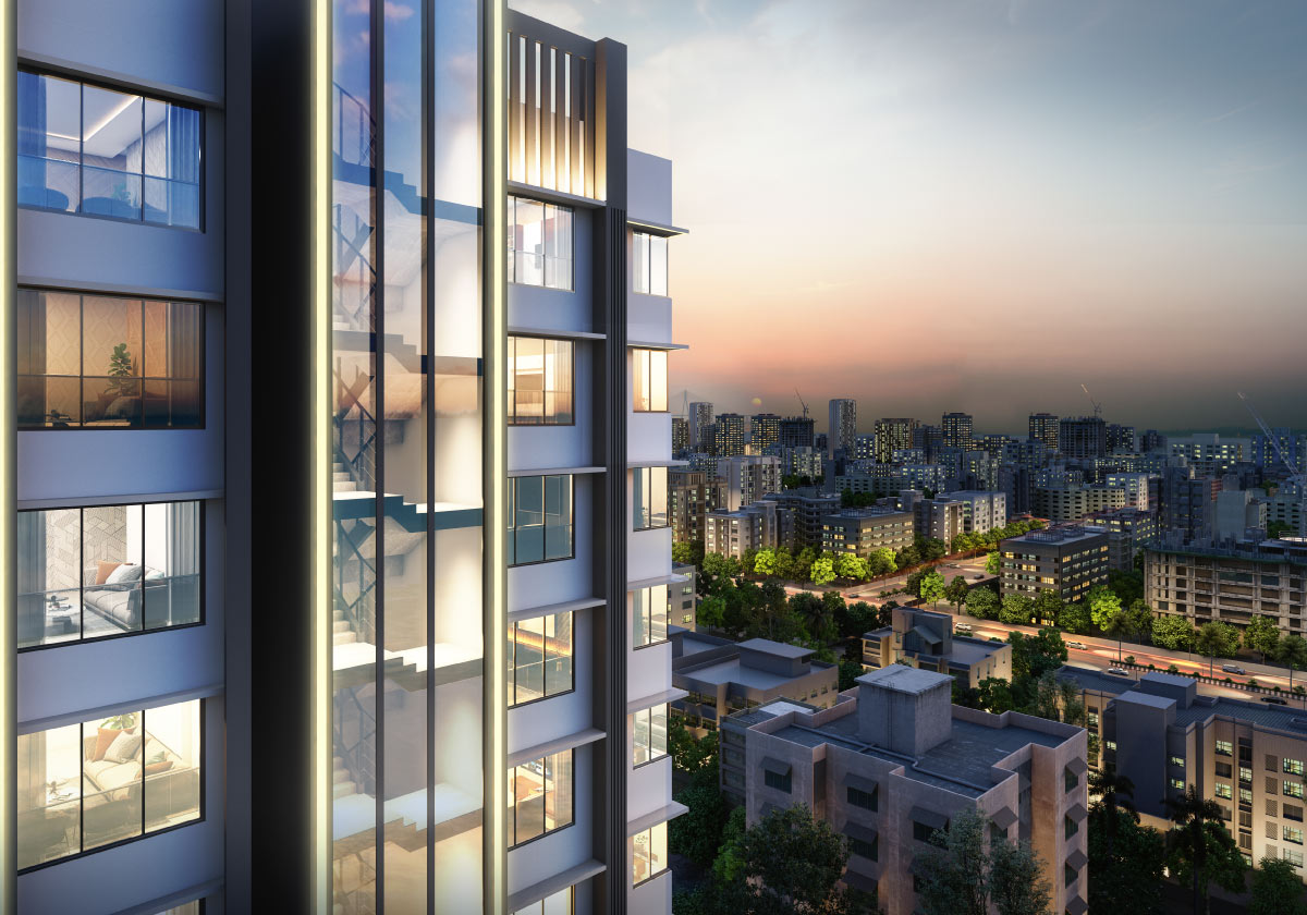 Close-up of the Leo Eminence facade at dusk with city views