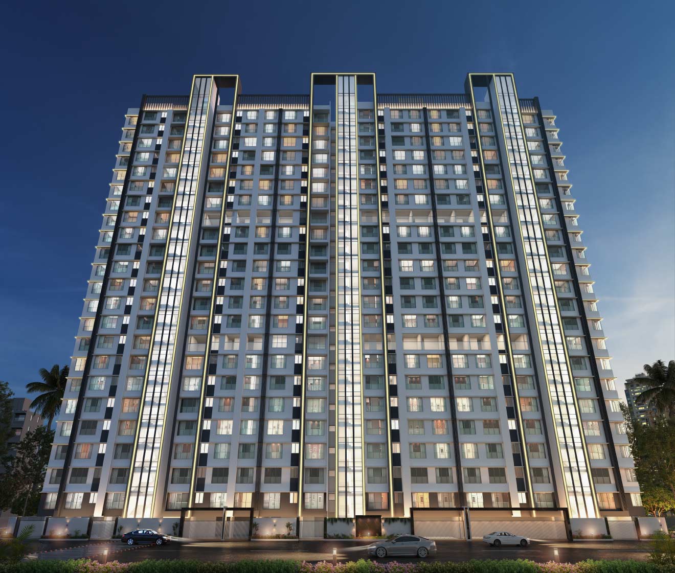 Leo Eminence — the iconic 22-storey tower illuminated against the evening sky