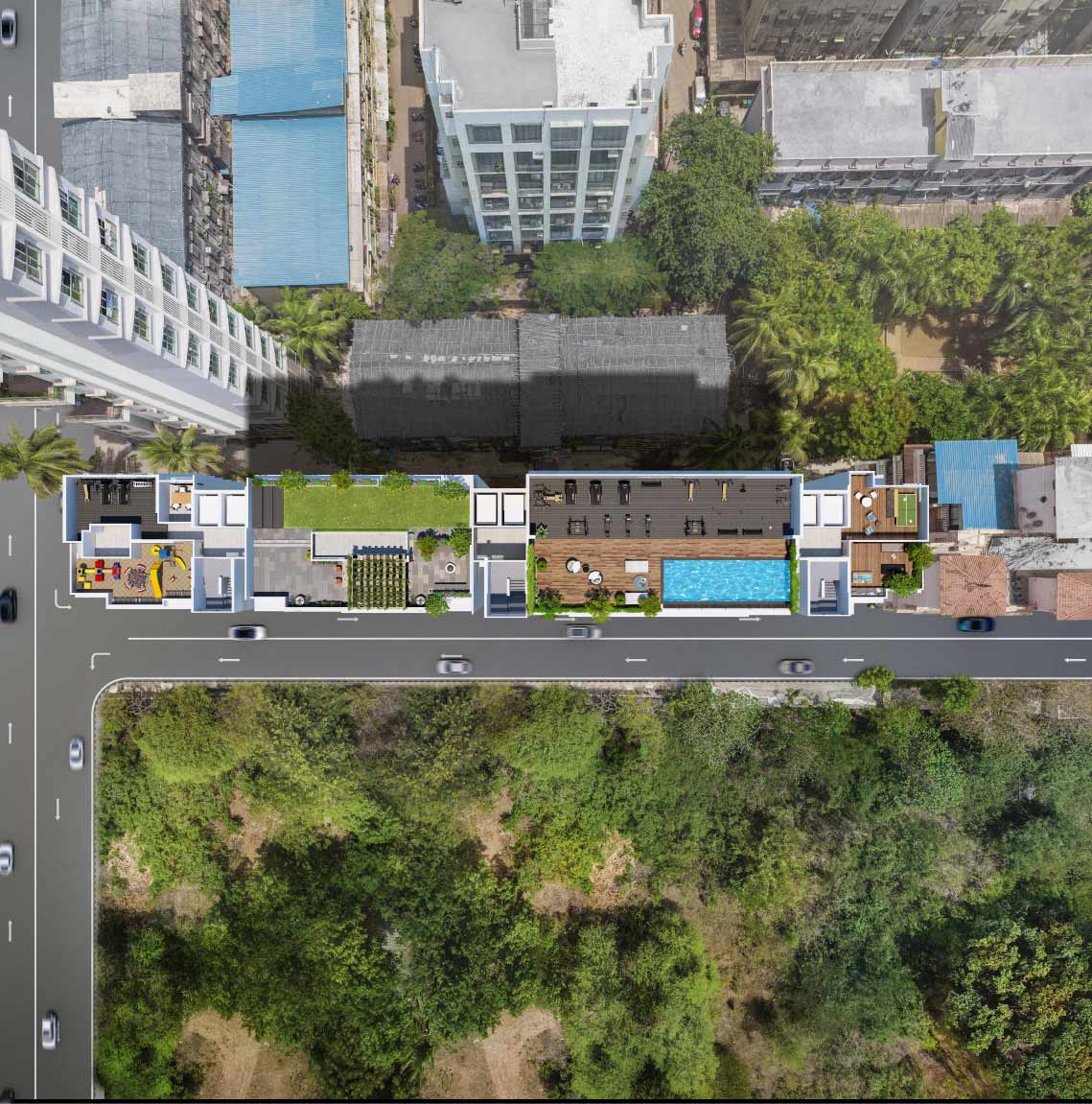 Aerial view of the low-density, landscaped grounds and rooftop amenities at Leo Eminence